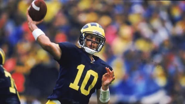 Michigan Wolverines quarterback and 7-time Super Bowl champion Tom Brady during a college football game.