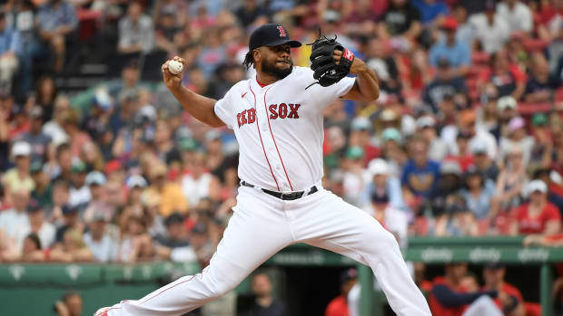 Jul 9, 2023; Boston, Massachusetts, USA; Boston Red Sox relief pitcher Kenley Jansen (74) pitches during the ninth inning against the Oakland Athletics at Fenway Park. Mandatory Credit: Bob DeChiara-USA TODAY Sports