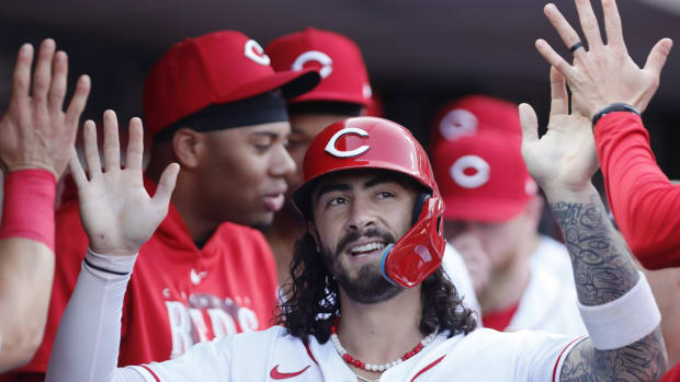 May 22, 2023; Cincinnati, Ohio, USA; Cincinnati Reds second baseman Jonathan India (6) reacts in the dugout after scoring against the St. Louis Cardinals during the first inning at Great American Ball Park. Mandatory Credit: David Kohl-USA TODAY Sports 
