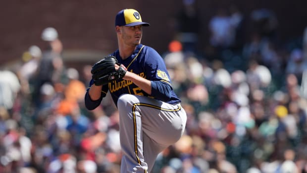 Jul 17, 2022; San Francisco, California, USA; Milwaukee Brewers relief pitcher Connor Sadzeck (59) throws a pitch against the San Francisco Giants during the seventh inning at Oracle Park.