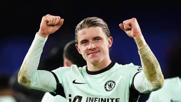 Conor Gallagher pictured celebrating after scoring two goals for Chelsea in a 3-1 win at Crystal Palace in February 2024