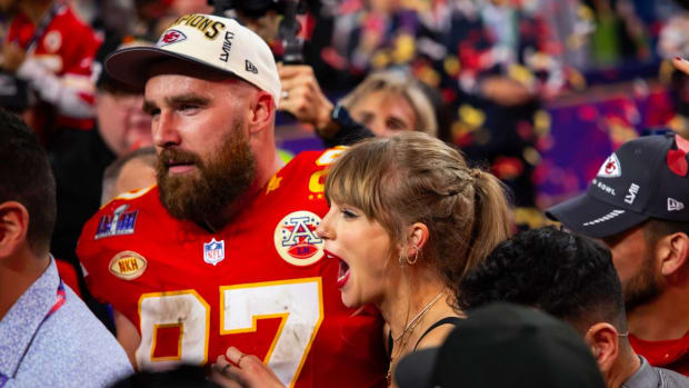 Kansas City Chiefs TE Travis Kelce and Taylor Swift after Super Bowl LVIII