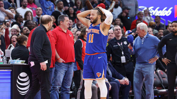 Feb 12, 2024; Houston, Texas, USA; New York Knicks guard Jalen Brunson (11) reacts after a call during the fourth quarter against the Houston Rockets at Toyota Center.