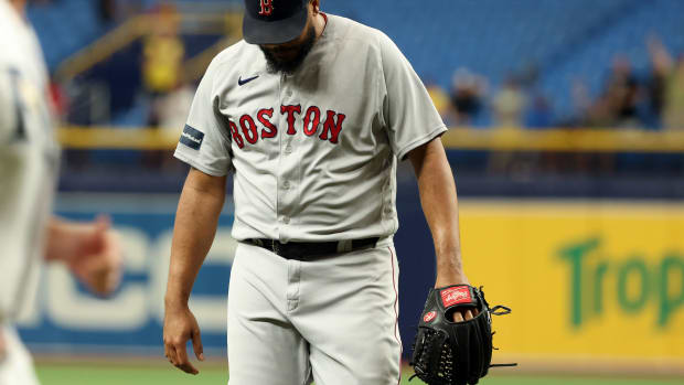 Sep 5, 2023; St. Petersburg, Florida, USA; Boston Red Sox relief pitcher Kenley Jansen (74) reacts as they lost to the Tampa Bay Rays at Tropicana Field. Mandatory Credit: Kim Klement Neitzel-USA TODAY Sports