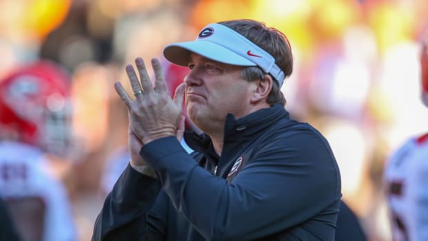 Nov 18, 2023; Knoxville, Tennessee, USA; Georgia Bulldogs head coach Kirby Smart reacts before a game against the Tennessee Volunteers at Neyland Stadium.