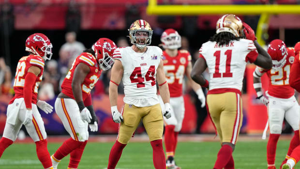 Juszczyk during the 49ers' 25-22 overtime loss to the Chiefs on Super Bowl LVIII on Feb. 13, 2024.