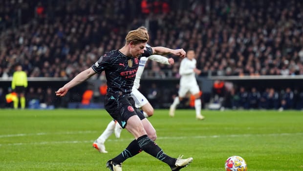 Kevin De Bruyne pictured scoring a goal during Manchester City's 3-1 win at Copenhagen in the UEFA Champions League in February 2024