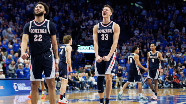 Gonzaga Bulldogs forward Ben Gregg and forward Anton Watson react after winning against the Kentucky Wildcats at Rupp Arena in Lexington, Ky., on Feb. 10, 2024.