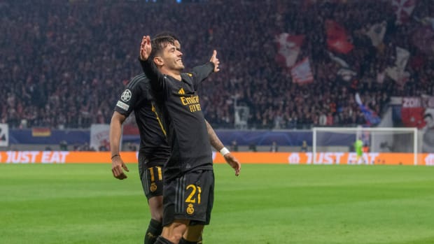 Brahim Diaz pictured celebrating in the style of Jude Bellingham after scoring a superb goal for Real Madrid in a 1-0 win at RB Leipzig in the UEFA Champions League in February 2024