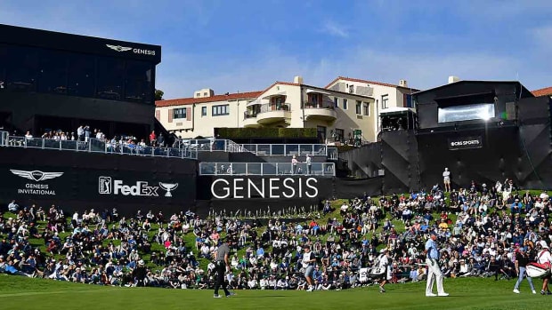 The 18th hole green and hillside are pictured at the 2023 Genesis Invitational at Riviera Country Club.