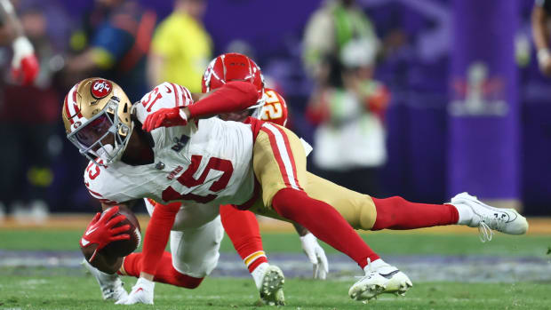 Feb 11, 2024; Paradise, Nevada, USA; San Francisco 49ers wide receiver Jauan Jennings (15) catches a pass against Kansas City Chiefs cornerback Trent McDuffie (22) in the fourth quarter in Super Bowl LVIII at Allegiant Stadium.