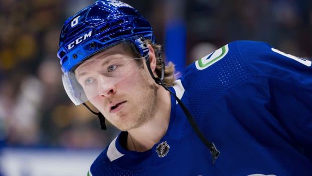 Jan 24, 2024; Vancouver, British Columbia, CAN; Vancouver Canucks forward Brock Boeser (6) skates during warm up prior to a game against the St. Louis Blues at Rogers Arena.