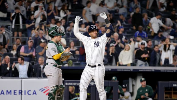 May 8, 2023; Bronx, New York, USA; New York Yankees second baseman Gleyber Torres (25) reacts after hitting a solo home run against the Oakland Athletics during the sixth inning at Yankee Stadium.