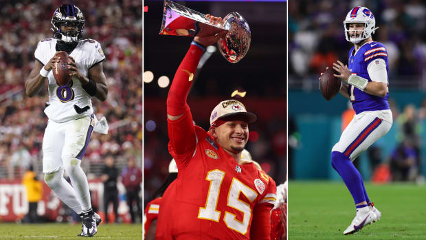 A split image of Lamar Jackson dropping back, Patrick Mahomes holding up the Lombardi Trophy and Josh Allen dropping back.