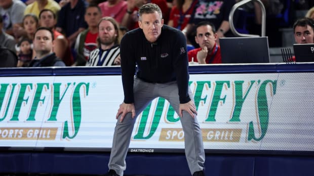 Florida Atlantic Owls coach Dusty May looks on from the sideline against the North Texas Mean Green during the first half at Eleanor R. Baldwin Arena in Boca Raton, Fla., on Jan. 28, 2024.