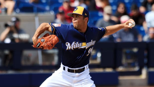 Milwaukee Brewers minor league pitcher Clayton Andrews delivers a pitch during their spring training game against the Arizona Diamondbacks.