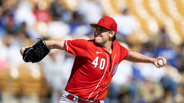 Feb 28, 2023; Phoenix, Arizona, USA; Cincinnati Reds pitcher Nick Lodolo against the Los Angeles Dodgers during a spring training game at Camelback Ranch-Glendale. Mandatory Credit: Mark J. Rebilas-USA TODAY Sports  