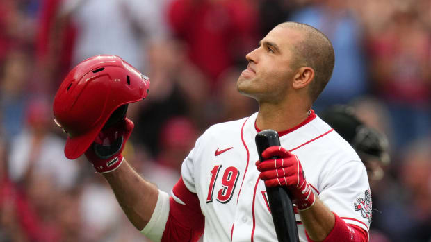 Cincinnati Reds first baseman Joey Votto (19) is recognized by the crowd before his first at-bat of the season in the second inning of a baseball game between the Colorado Rockies and the Cincinnati Reds, Monday, June 19, 2023, at Great American Ball Park in Cincinnati.  