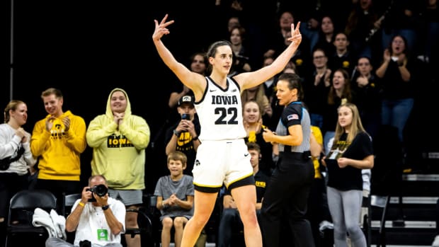 Caitlin Clark celebrates a play for Iowa women’s basketball.