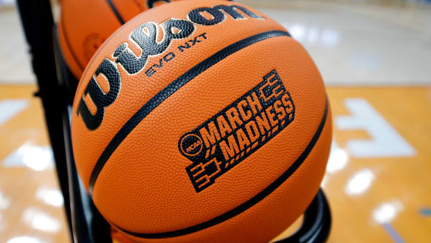 Close up of the March Madness logo on basketball during NCAA Tournament First Round Columbus Practice at Nationwide Arena.
