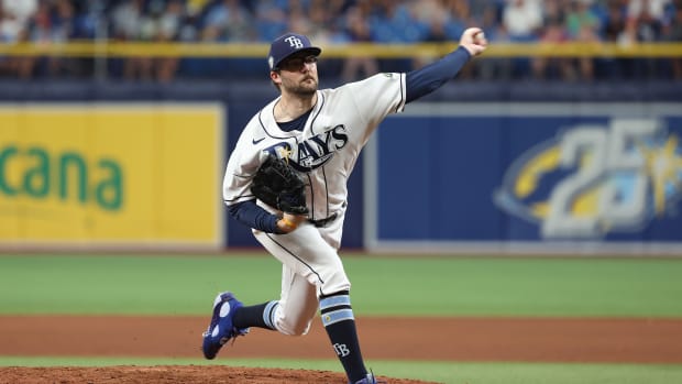 Aug 12, 2023; St. Petersburg, Florida, USA; Tampa Bay Rays pitcher Josh Fleming (19) throws a pitch against the Cleveland Guardians during the eighth inning at Tropicana Field.