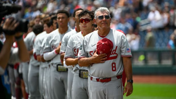 Coach Doug Esquer and the Stanford baseball team at the College World Series.
