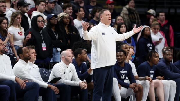 Penn State men's basketball coach Mike Rhoades reacts during the Nittany Lions' Big Ten game against Michigan State at the Bryce Jordan Center.