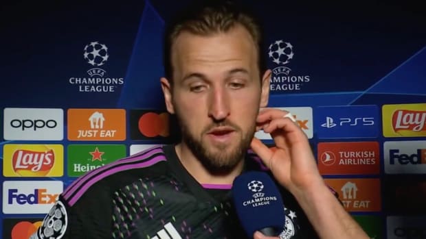 Harry Kane pictured speaking to TNT Sports after Bayern Munich's 1-0 loss to Lazio in the UEFA Champions League in February 2024