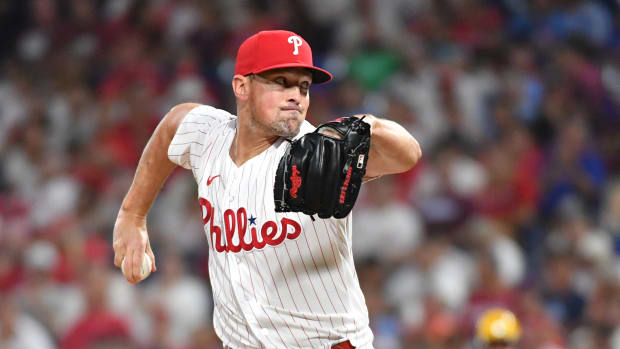 Jul 19, 2023; Philadelphia, Pennsylvania, USA; Philadelphia Phillies relief pitcher Andrew Bellatti (64) throws a pitch against the Milwaukee Brewers during the ninth inning at Citizens Bank Park. Mandatory Credit: Eric Hartline-USA TODAY Sports
