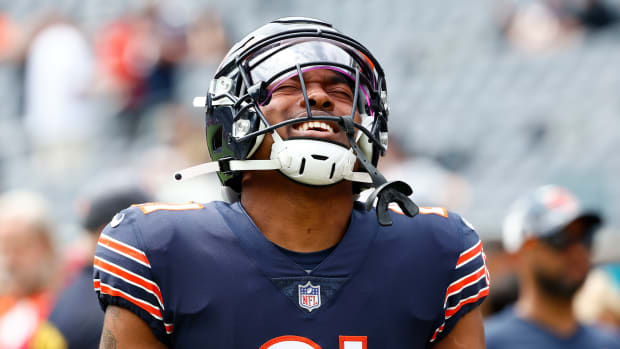 Aug 13, 2022; Chicago, Illinois, USA; Chicago Bears safety A.J. Thomas (21) practices before the game against the Kansas City Chiefs at Soldier Field. Mandatory Credit: Mike Dinovo-USA TODAY Sports  
