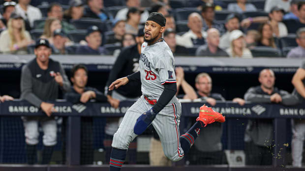 Apr 14, 2023; Bronx, New York, USA; Minnesota Twins center fielder Byron Buxton (25) scores a run during the top of the eighth inning against the New York Yankees at Yankee Stadium.