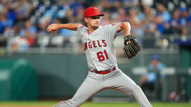 Los Angeles Angels relief pitcher Austin Warren pitches against the Kansas City Royals during the eighth inning at Kauffman Stadium. (2022)