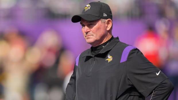 Former Vikings coach Mike Zimmer looks on before a game against the Seattle Seahawks.