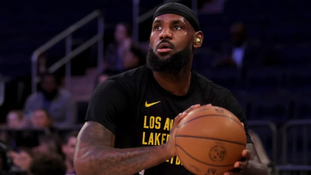 Los Angeles Lakers forward LeBron James warms up before a game against the New York Knicks at Madison Square Garden in New York City on Feb. 3, 2024.