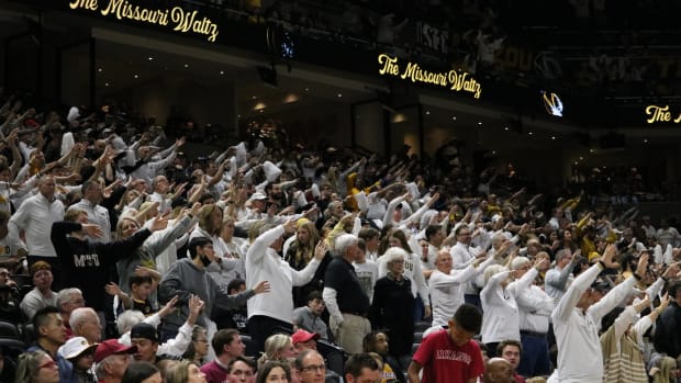 The crowd does the Missouri Waltz during the Missouri vs Arkansas Basketball game on Feb. 3, 2024