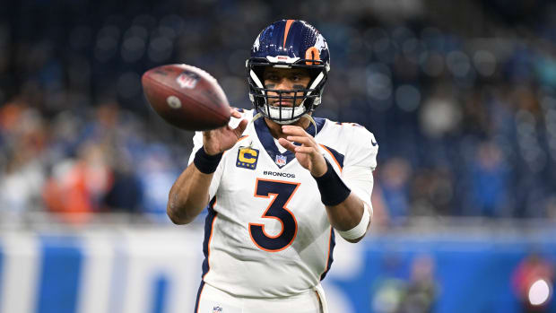 Dec 16, 2023; Detroit, Michigan, USA; Denver Broncos quarterback Russell Wilson (3) warms up before a game against the Detroit Lions at Ford Field. Mandatory Credit: Lon Horwedel-USA TODAY Sports