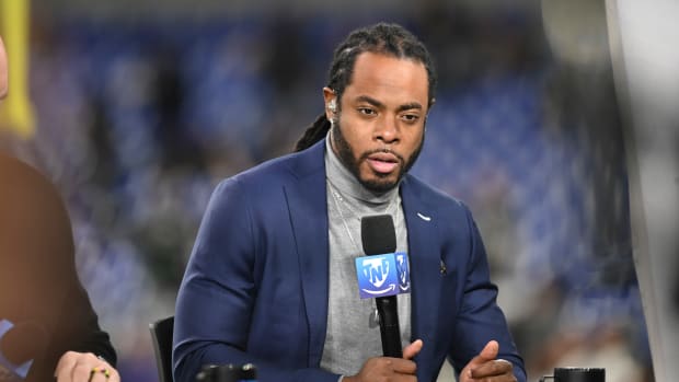 Nov 16, 2023; Baltimore, Maryland, USA; Richard Sherman, Thursday Night Football analyst, on set before the game between the Baltimore Ravens and the Cincinnati Bengals at M&T Bank Stadium. Mandatory Credit: Tommy Gilligan-USA TODAY Sports