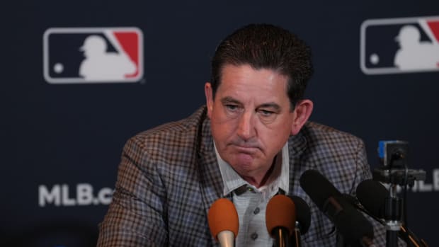Dec 5, 2023; Nashville, TN, USA; Philadelphia Phillies manager Rob Thomson answers questions at a press conference during the 2023 MLB Winter Meetings. Mandatory Credit: Kyle Schwab-USA TODAY Sports