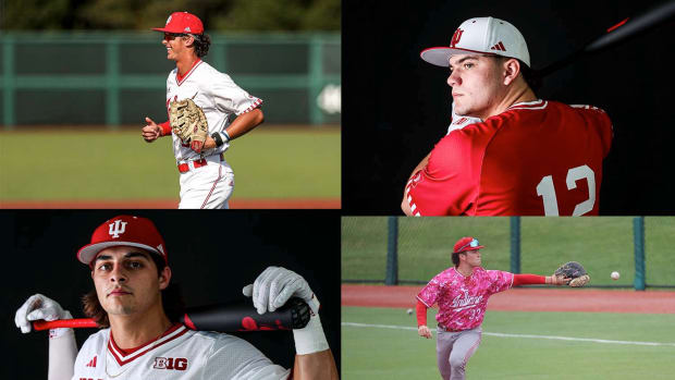 Indiana baseball's Joey Brenczewski (top left), Cal Sefcik (top right), Jake Stadler (bottom left) and AJ Shepard (bottom right) are pictured. Indiana's season begins Feb. 16 in Myrtle Beach.