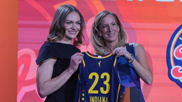 Grace Berger poses for a photo with WNBA Commissioner Cathy Engelbert after being drafted seventh overall by the Indiana Fever during WNBA Draft 2023 at Spring Studio.