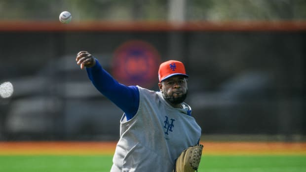 New York Mets starting pitcher Luis Severino works out in the back fields of Clover Park during the first day of pitchers and catchers reporting in for spring training workouts on Wednesday, Feb. 14, 2024, in Port St. Lucie. Severino is a top pitching acquisition from the New York Yankees.