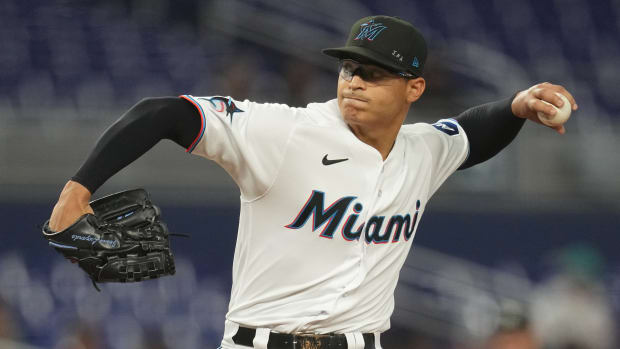 Aug 30, 2023; Miami, Florida, USA; Miami Marlins starting pitcher Jesus Luzardo (44) pitches against the Tampa Bay Rays in the first inning at loanDepot Park. Mandatory Credit: Jim Rassol-USA TODAY Sports