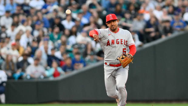 Sep 11, 2023; Seattle, Washington, USA; Los Angeles Angels third baseman Eduardo Escobar (5) throws to first base for the force out on Seattle Mariners first baseman Ty France (not pictured) during the first inning at T-Mobile Park.