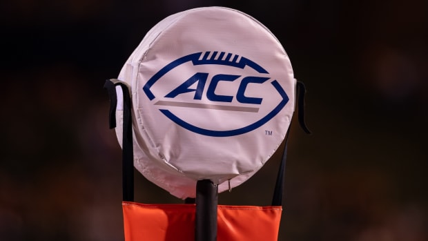 A detailed view of the ACC logo on the down marker used during the game between William & Mary Tribe and the Virginia Cavaliers at Scott Stadium in Charlottesville, Virginia, on Sep 4, 2021.