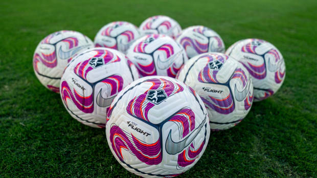 November 11, 2023; San Diego, California, USA; Nike soccer balls before the NWSL Championship match between OL Reign and New Jersey/New York Gotham FC at Snapdragon Stadium. 