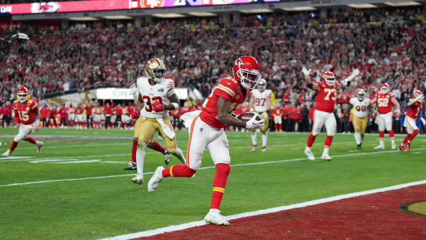 Hardman scores a touchdown to win Super Bowl LVIII for the Chiefs 25-22 over the 49ers on Feb. 11, 2024.