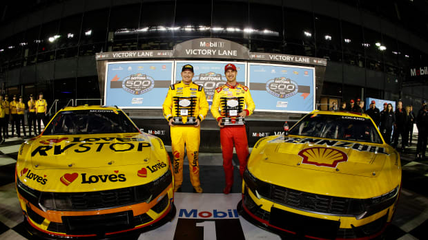 Michael McDowell (left) and pole-sitter Joey Logano will take the field to the green flag in Sunday's Daytona 500 (weather permitting). (Photo by Sean Gardner/Getty Images)