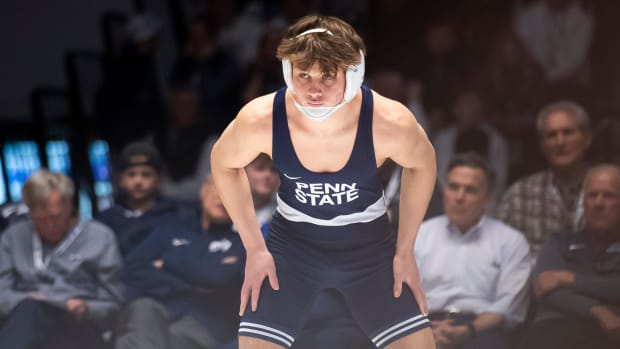 Penn State's Tyler Kasak prepares to wrestle at 149 pounds in the Nittany Lions' Big Ten match against Ohio State.