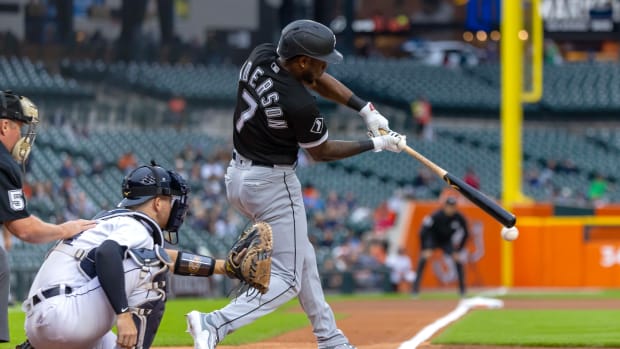 Sep 8, 2023; Detroit, Michigan, USA; Chicago White Sox shortstop Tim Anderson (7) swings and makes contact against the Detroit Tigers in the first inning at Comerica Park.