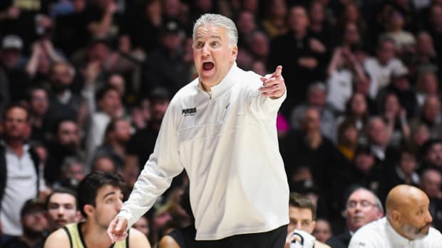 Feb 15, 2024; West Lafayette, Indiana, USA; Purdue Boilermakers head coach Matt Painter argues a call against the Minnesota Golden Gophers during the second half at Mackey Arena.
